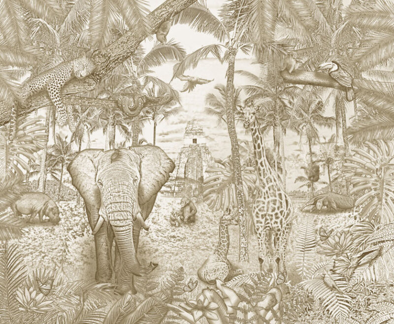Kinderkamer getekend behang jungle dieren krijt zandbruin