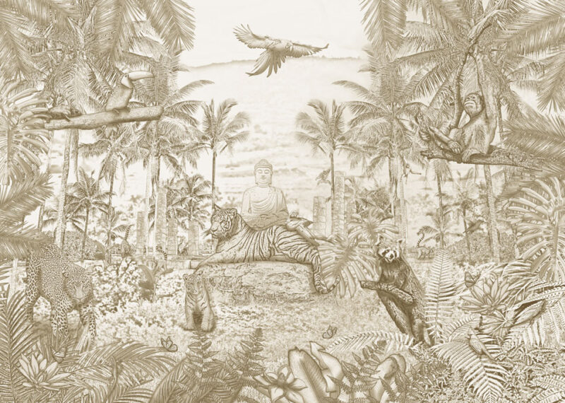 Kinderkamer getekend behang jungle dieren krijt zandbruin