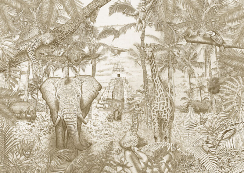 Kinderkamer getekend behang jungle dieren krijt zandbruin