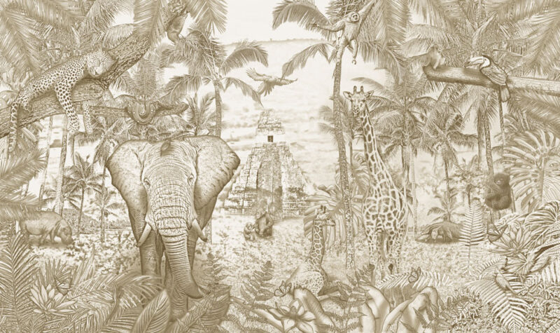 Kinderkamer getekend behang jungle dieren krijt zandbruin