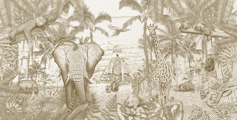 Kinderkamer getekend behang jungle dieren krijt zandbruin