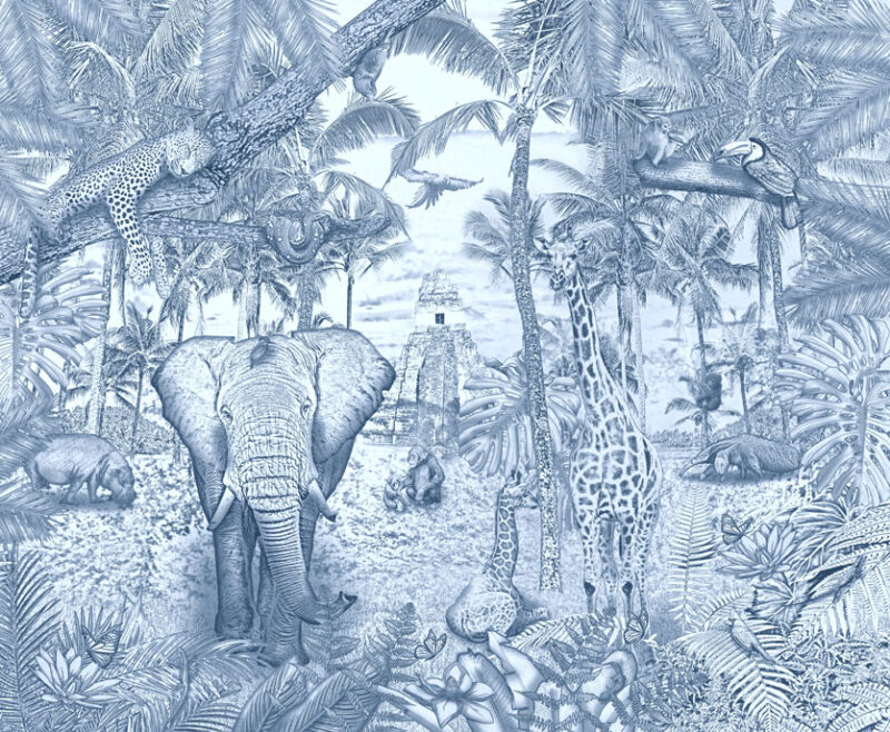 Kinderkamer getekend behang jungle dieren krijt zeeblauw