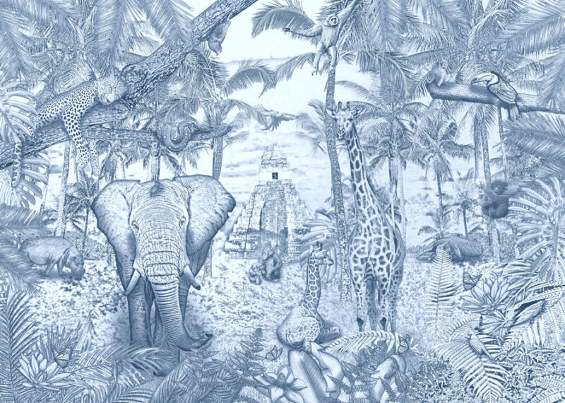 Kinderkamer getekend behang jungle dieren krijt zeeblauw