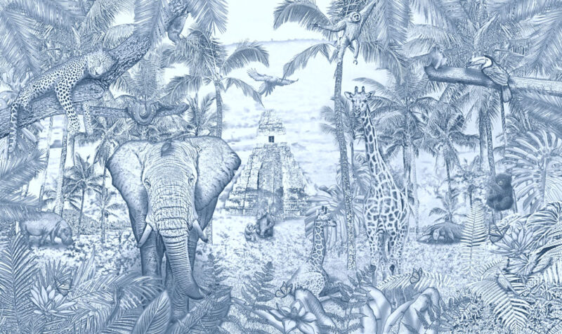 Kinderkamer getekend behang jungle dieren krijt zeeblauw