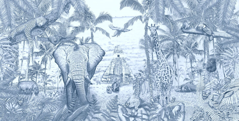 Kinderkamer getekend behang jungle dieren krijt zeeblauw