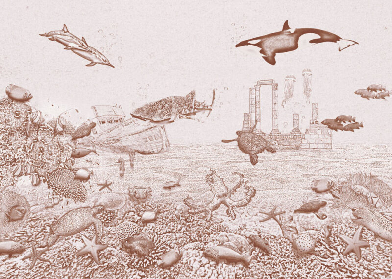 Kinderkamer getekend behang zeedieren krijt bruin