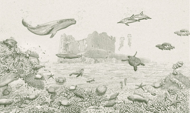 Kinderkamer getekend behang zeedieren krijt mosgroen