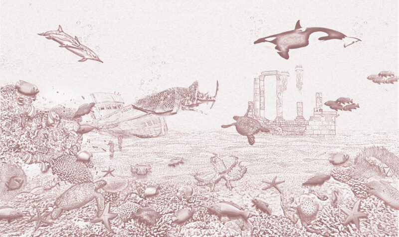 Kinderkamer getekend behang zeedieren krijt oudroze
