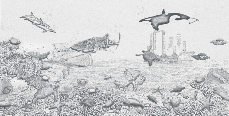 Kinderkamer getekend behang zeedieren krijt potloodgrijs