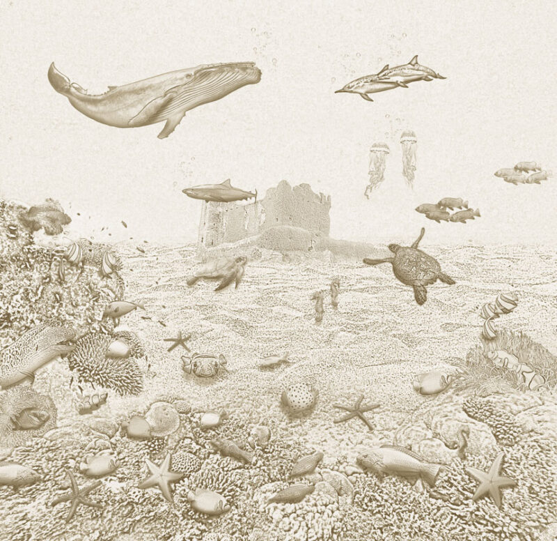 Kinderkamer getekend behang zeedieren krijt zandbruin