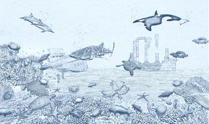 Kinderkamer getekend behang zeedieren krijt zeeblauw