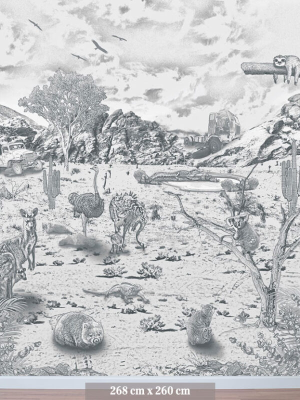 Kinderkamer en babykamer getekend behang Australische dieren koala's krijt potloodgrijs