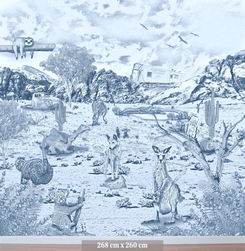 Kinderkamer getekend behang Australische dieren struisvogels krijt zeeblauw