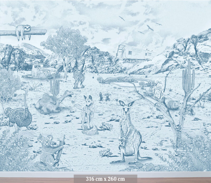 Kinderkamer getekend behang Australische dieren struisvogels krijt luchtblauw