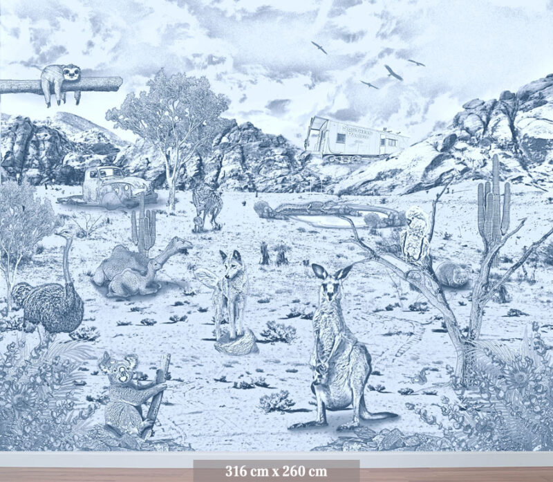 Kinderkamer getekend behang Australische dieren struisvogels krijt zeeblauw