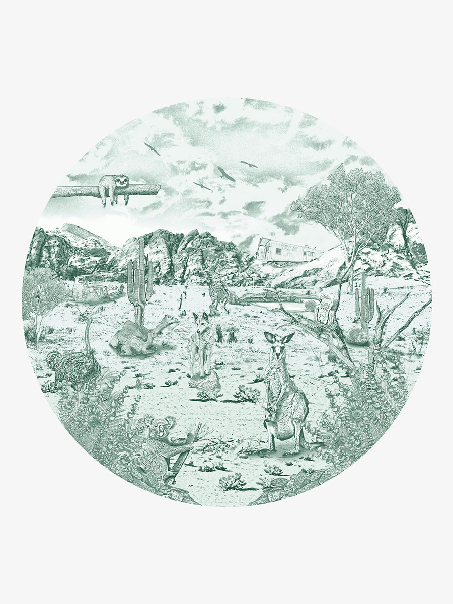 Australische dieren behangcirkel struisvogels | diepgroen 1 Kinderkamer en babykamer getekende behangcirkel Australische dieren struisvogels krijt diepgroen