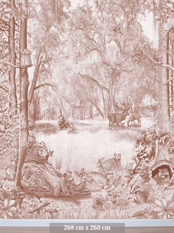 Kinderkamer en babykamer getekend behang bosdieren beren krijt bruin