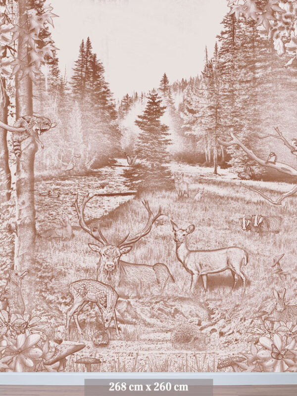 Kinderkamer en babykamer getekend behang bosdieren herten krijt bruin