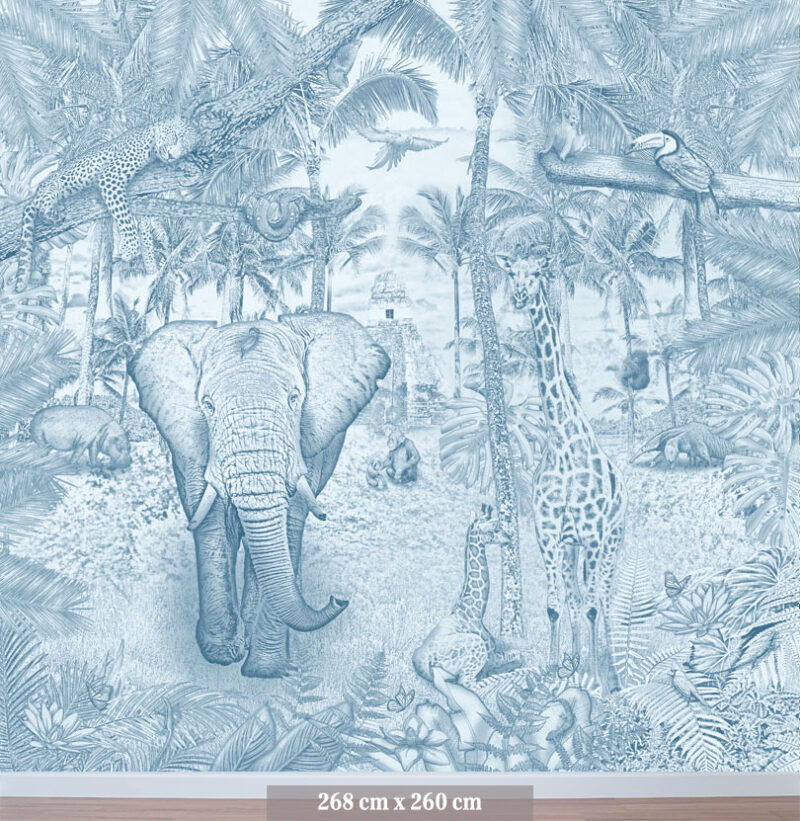 Kinderkamer getekend behang jungle dieren giraffen krijt luchtblauw