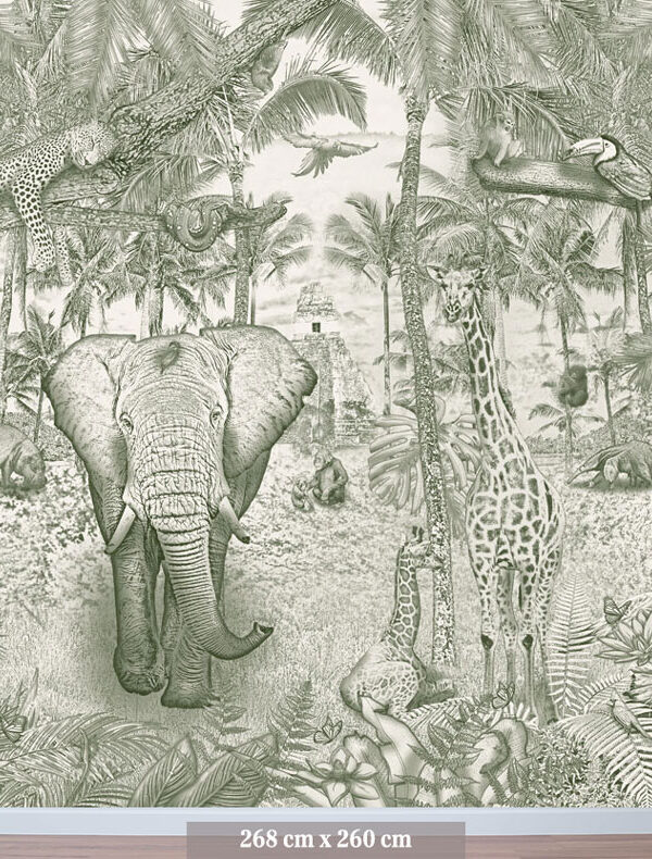 Kinderkamer en babykamer getekend behang jungle dieren giraffen krijt mosgroen