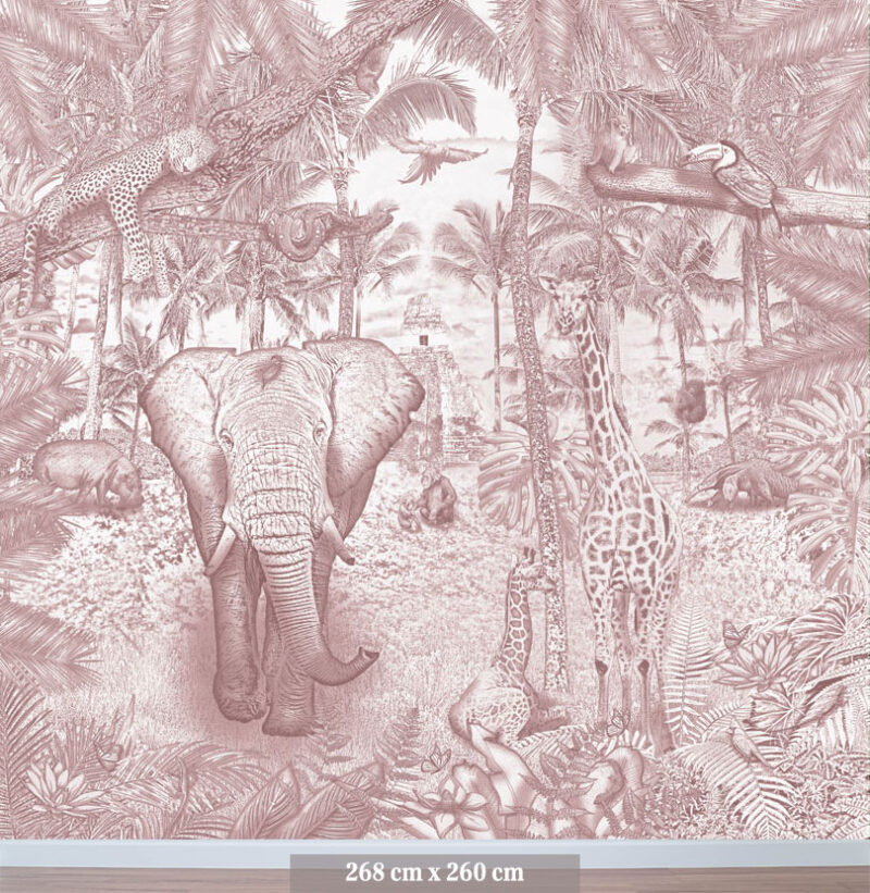 Kinderkamer getekend behang jungle dieren giraffen krijt oudroze