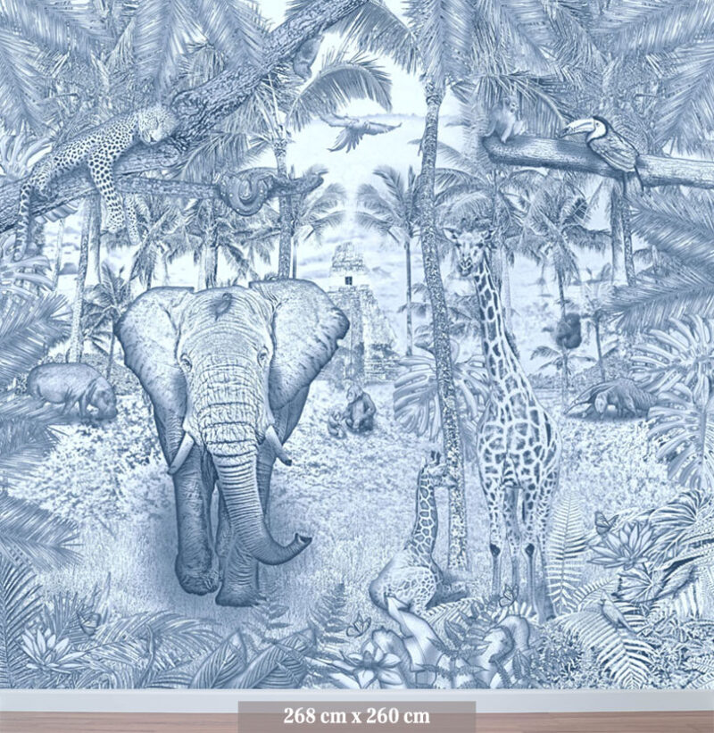 Kinderkamer getekend behang jungle dieren krijt giraffen zeeblauw