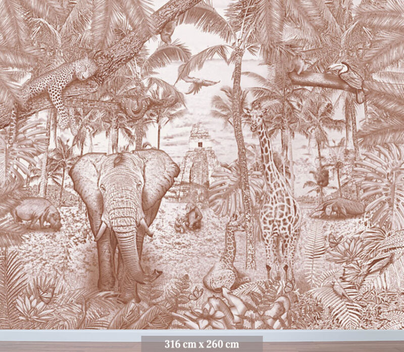 Kinderkamer getekend behang jungle dieren giraffen krijt bruin