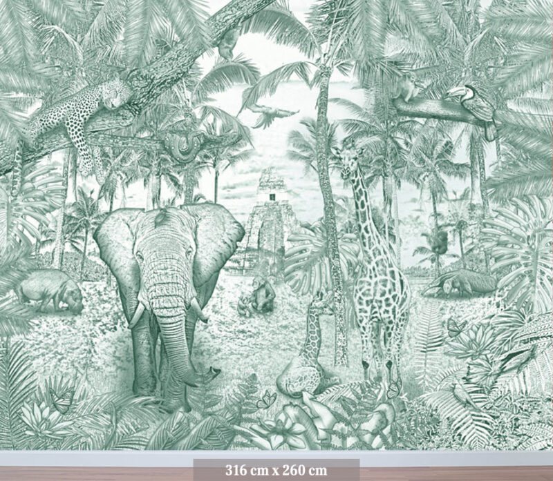 Kinderkamer getekend behang jungle dieren giraffen krijt diepgroen