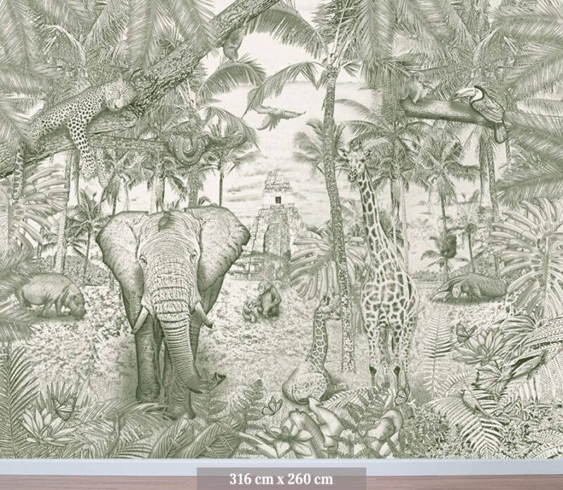 Kinderkamer getekend behang jungle dieren giraffen krijt mosgroen