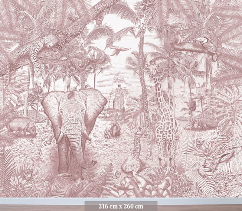 Kinderkamer getekend behang jungle dieren giraffen krijt oudroze