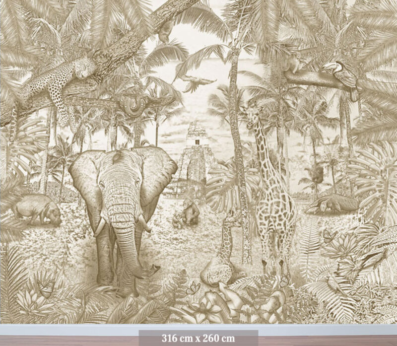 Kinderkamer getekend behang jungle dieren giraffen krijt zandbruin