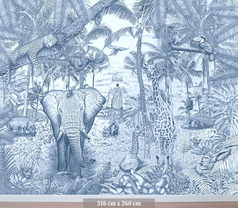 Kinderkamer getekend behang jungle dieren giraffen krijt zeeblauw