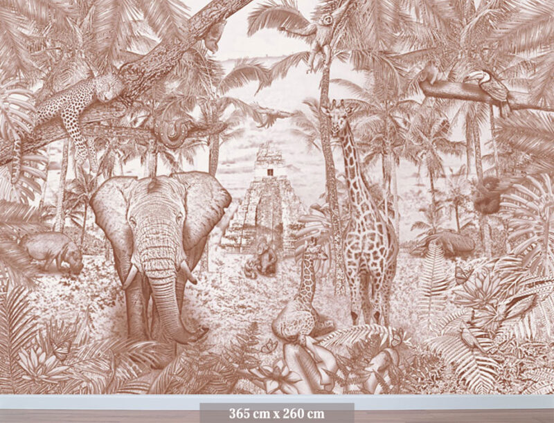 Kinderkamer getekend behang jungle dieren giraffen krijt bruin