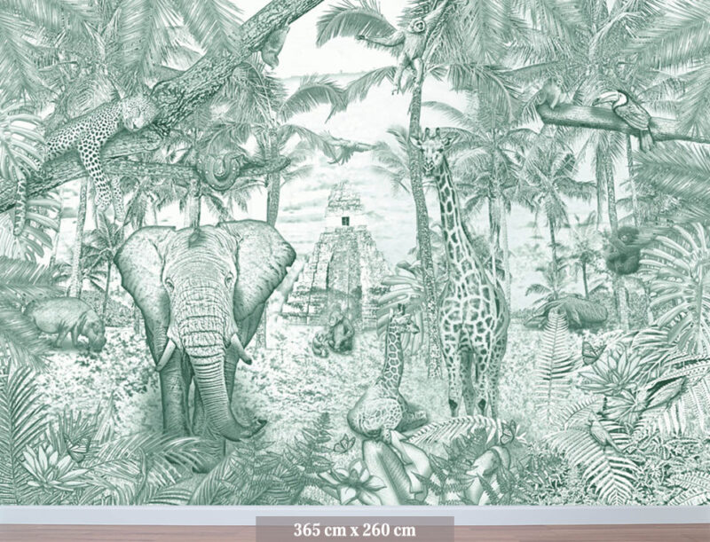 Kinderkamer getekend behang jungle dieren giraffen krijt diepgroen