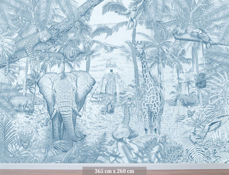 Kinderkamer getekend behang jungle dieren giraffen krijt luchtblauw