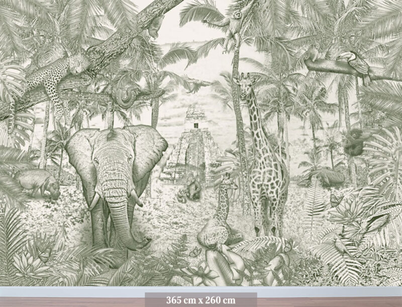 Kinderkamer getekend behang jungle dieren giraffen krijt mosgroen