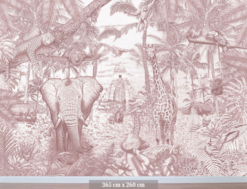 Kinderkamer getekend behang jungle dieren giraffen krijt oudroze