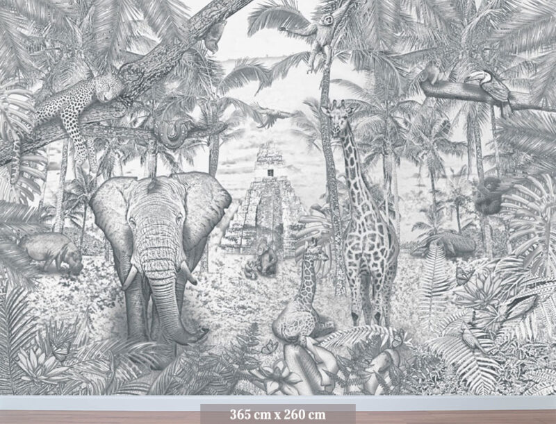 Kinderkamer getekend behang jungle dieren giraffen krijt potloodgrijs