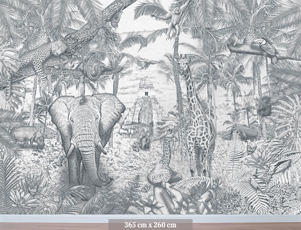 Kinderkamer getekend behang jungle dieren giraffen krijt potloodgrijs
