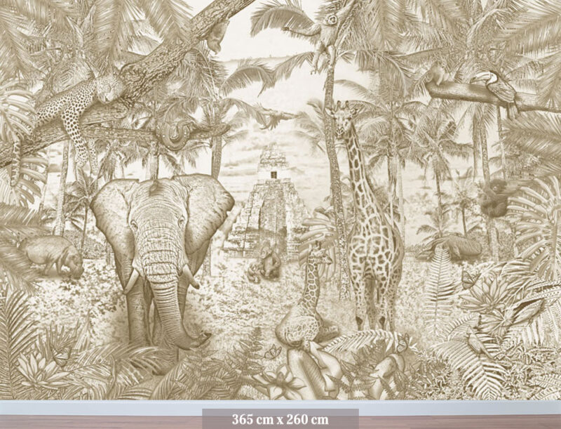 Kinderkamer getekend behang jungle dieren giraffen krijt zandbruin