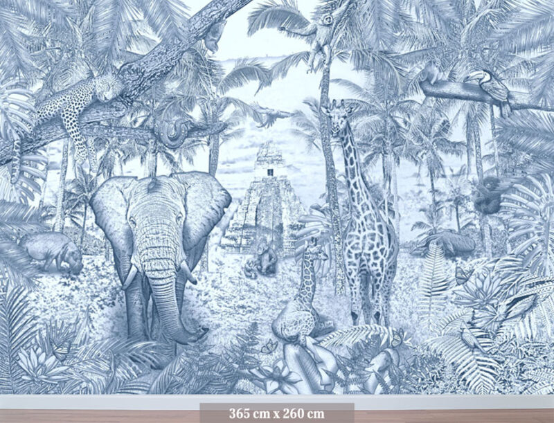 Kinderkamer getekend behang jungle dieren giraffen krijt zeeblauw