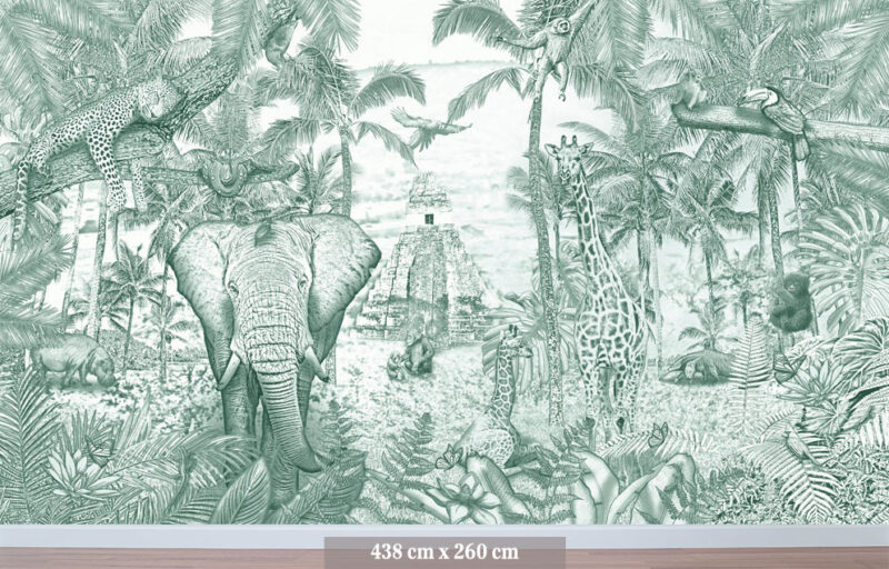 Kinderkamer getekend behang jungle dieren giraffen krijt diepgroen