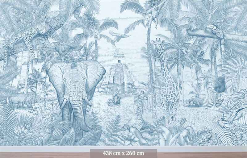 Kinderkamer getekend behang jungle dieren giraffen krijt luchtblauw