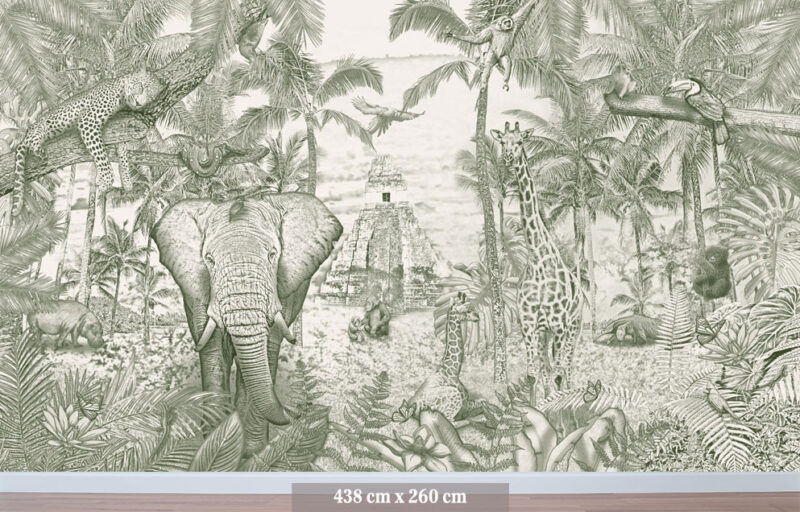 Kinderkamer getekend behang jungle dieren giraffen krijt mosgroen
