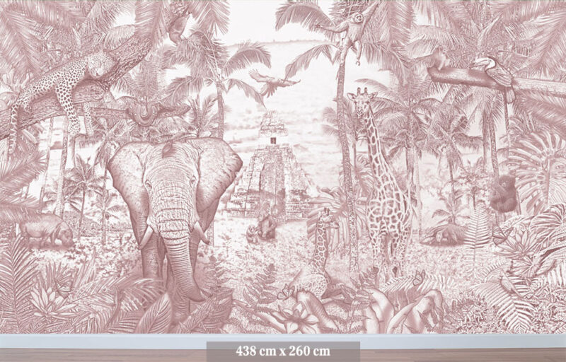 Kinderkamer getekend behang jungle dieren giraffen krijt oudroze