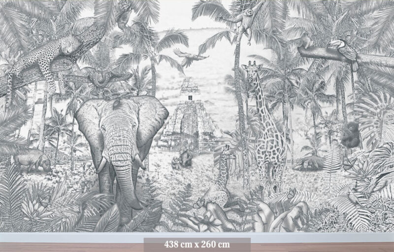 Kinderkamer getekend behang jungle dieren giraffen krijt potloodgrijs
