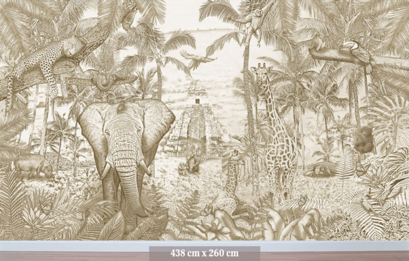 Kinderkamer getekend behang jungle dieren giraffen krijt zandbruin