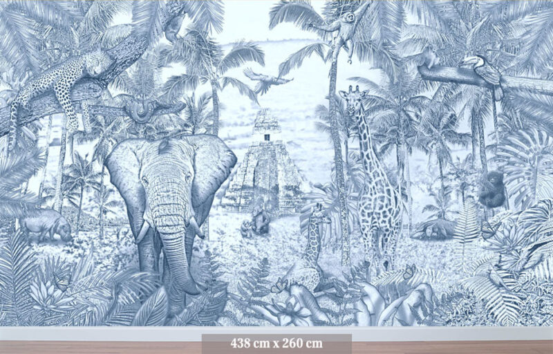 Kinderkamer getekend behang jungle dieren giraffen krijt zeeblauw