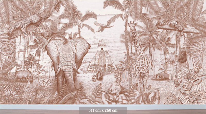 Kinderkamer getekend behang jungle dieren giraffen krijt bruin