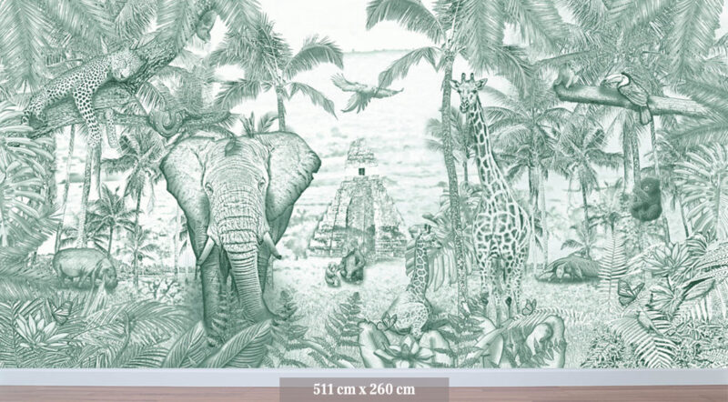 Kinderkamer getekend behang jungle dieren giraffen krijt diepgroen